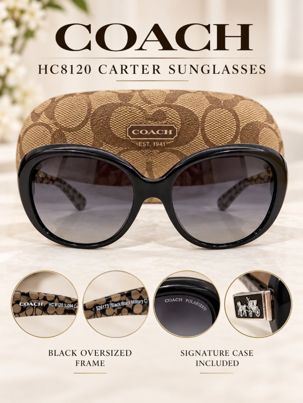 Coach HC8120 Carter Black Sunglasses with Signature Case